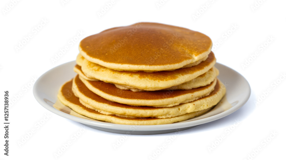 Stack of fluffy golden pancakes on white plate, isolated on white background, perfect for breakfast or brunch, delicious and appetizing, food photography, close-up view Stack of fluffy golden pancakes on white plate, isolated on white background, perfect for breakfast or brunch, delicious and appetizing, food photography, close-up view