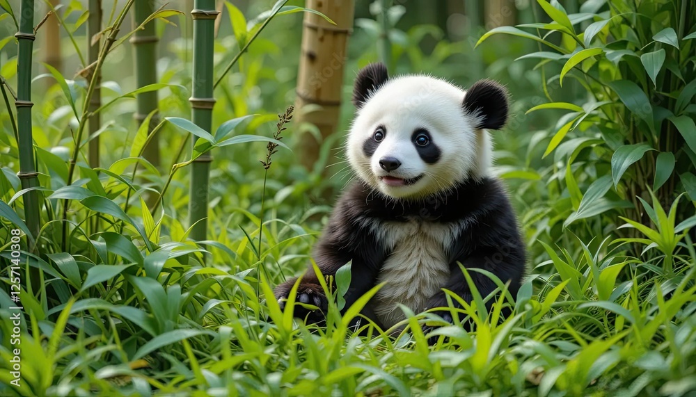 Fototapeta premium A young panda cub cautiously peeking from behind tall green bamboo in a lush forest setting, evoking a sense of natural beauty and innocence in its serene habitat.