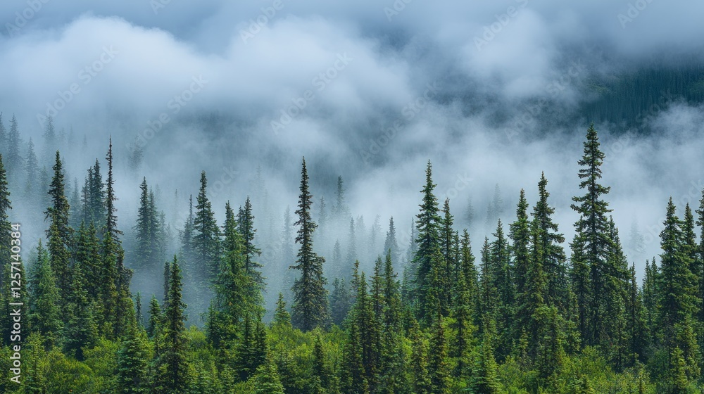A dense evergreen forest is partially obscured by low clouds A dense evergreen forest is partially obscured by low clouds
