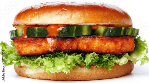 Delicious Grilled Salmon Burger with Lettuce and Cucumber