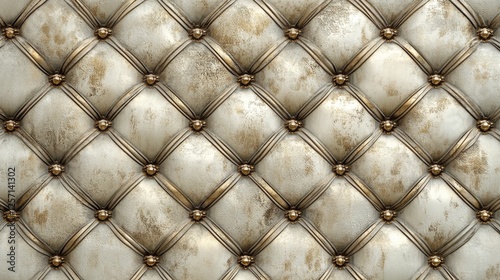 Distressed cream colored tufted upholstery with golden studs visible photo