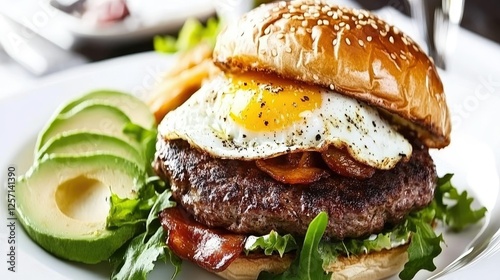 Delicious Bacon Avocado Egg Burger with Sesame Bun