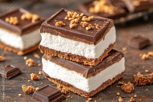 Delicious Chocolate Marshmallow Dessert on Wooden Background
