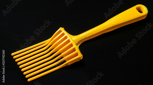 Plastic yellow rake beach toy  isolated on black 