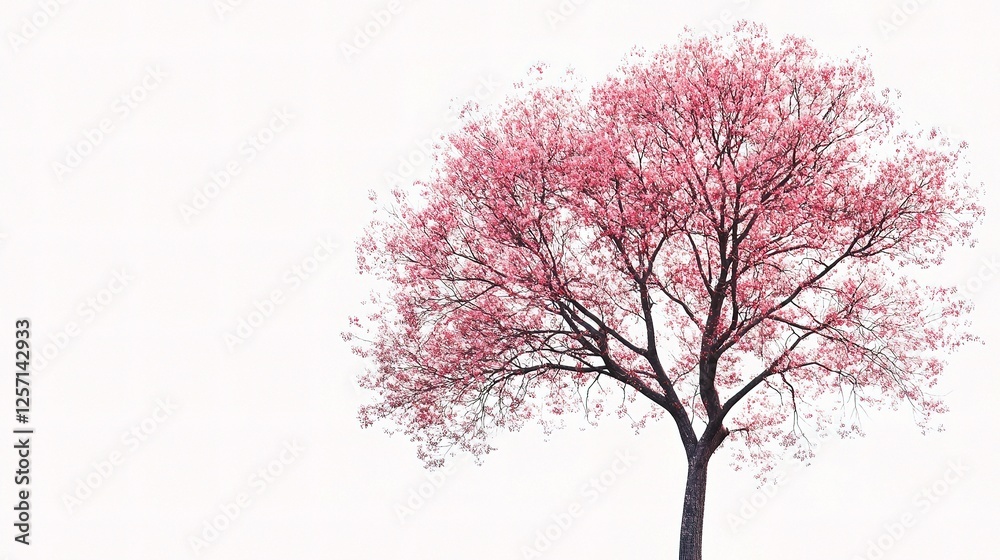 Beautiful Single Tree with Pink Blooms on Minimalistic Background Beautiful Single Tree with Pink Blooms on Minimalistic Background
