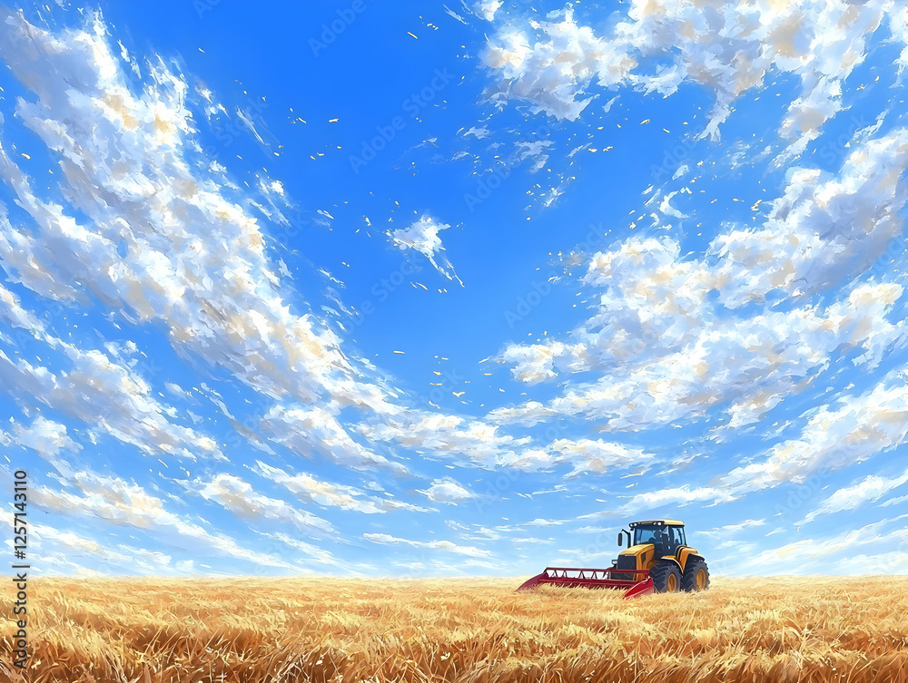 Obraz premium Tractor harvesting wheat under a vibrant sky