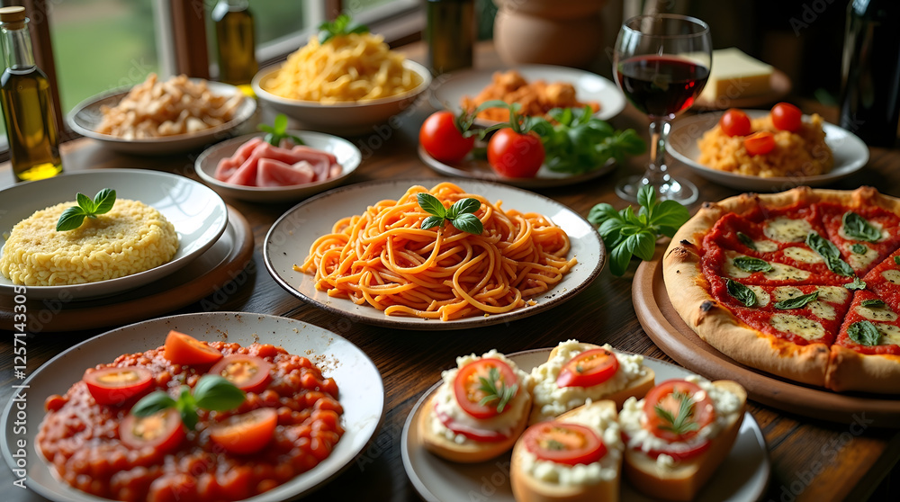 Italian feast spread across a rustic wooden table with Italian dishes such as pasta with rich tomato sauce, creamy risotto, wood-fired pizza Italian feast spread across a rustic wooden table with Italian dishes such as pasta with rich tomato sauce, creamy risotto, wood-fired pizza