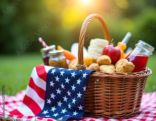 A picnic basket filled with festive treats like muffins, fruit, and beverages, draped in an American flag, set on a checkered blanket, celebrating the spirit of Independence Day. photo