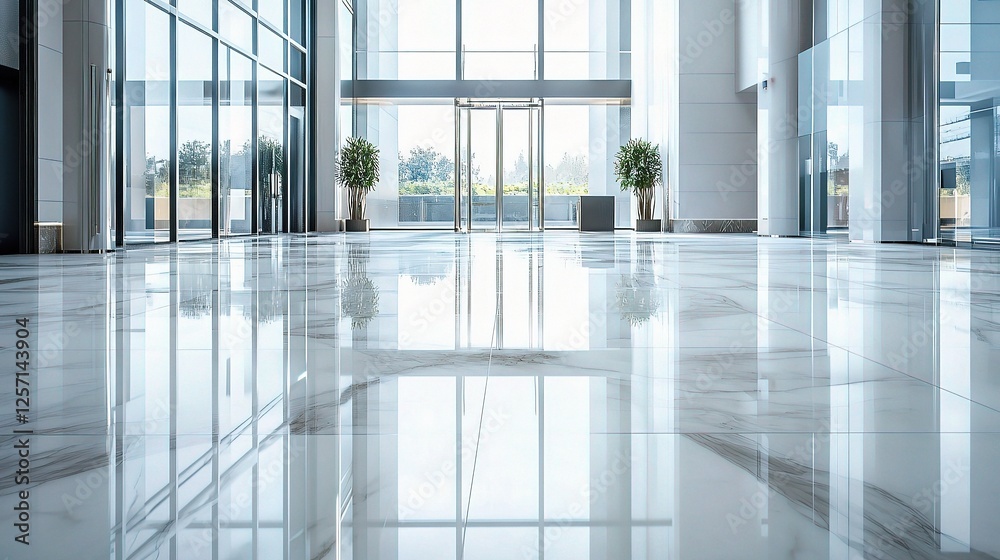 Modern Commercial Lobby with Sparkling Marble Floor and Glass Walls Modern Commercial Lobby with Sparkling Marble Floor and Glass Walls