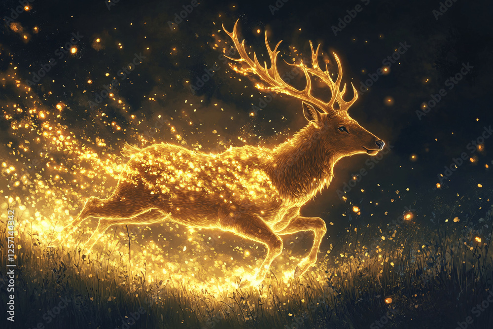 Golden Deer Leaps Through Sparkling Night Field Golden Deer Leaps Through Sparkling Night Field