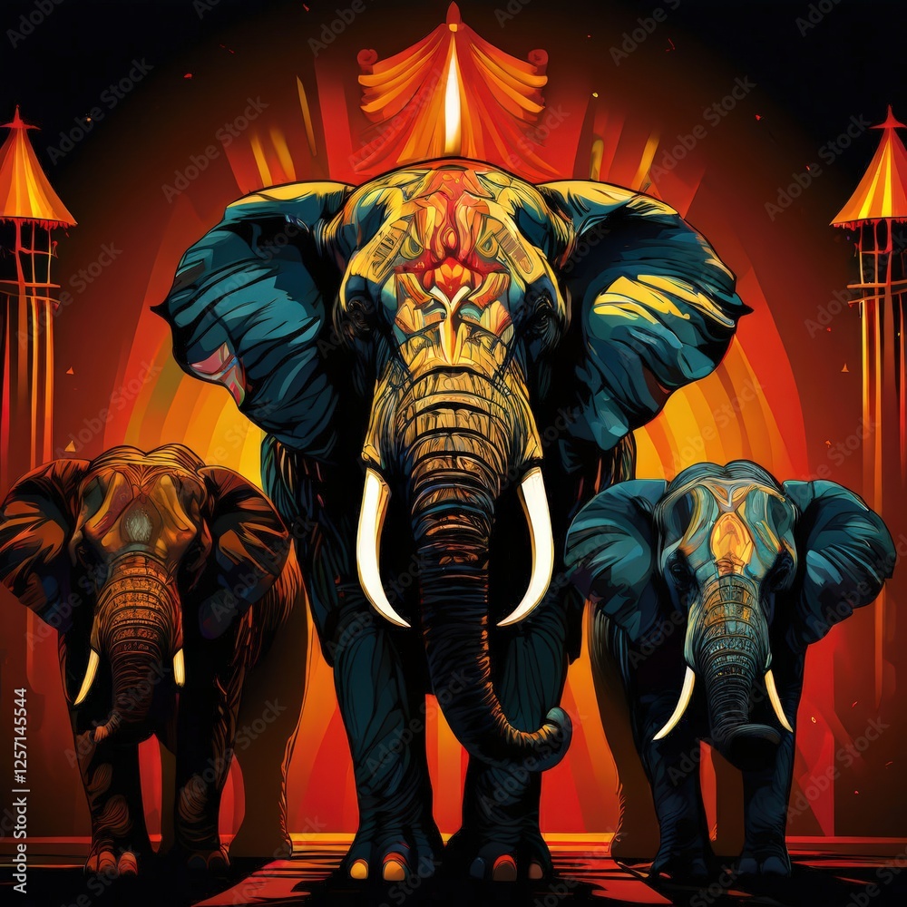 Obraz premium the AI Image Generator, Vibrant Elephant Illustration Under Ornate