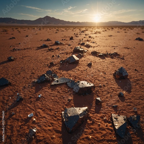 A meteor crash site in the desert, with diamond shards scattered across the red-hot sand.