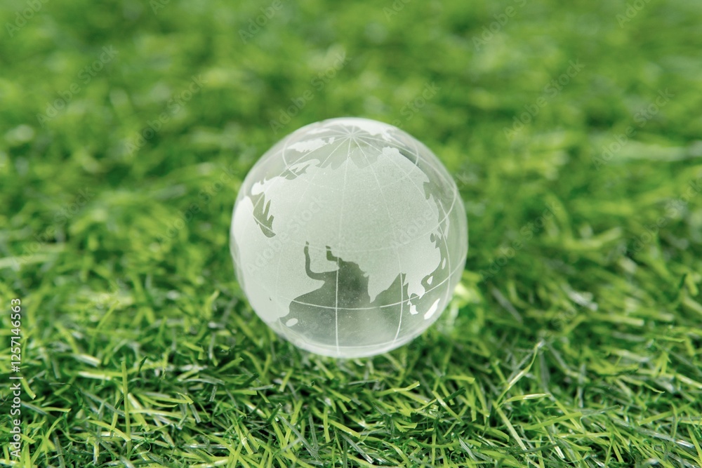 A crystal globe on a green grass. Environmental protection, sustainability, Earth Day concept. Copy space for text. A crystal globe on a green grass. Environmental protection, sustainability, Earth Day concept. Copy space for text.