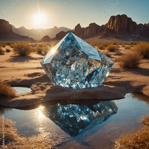 A mystical oasis surrounded by giant diamond crystals, reflecting the warm desert sun.