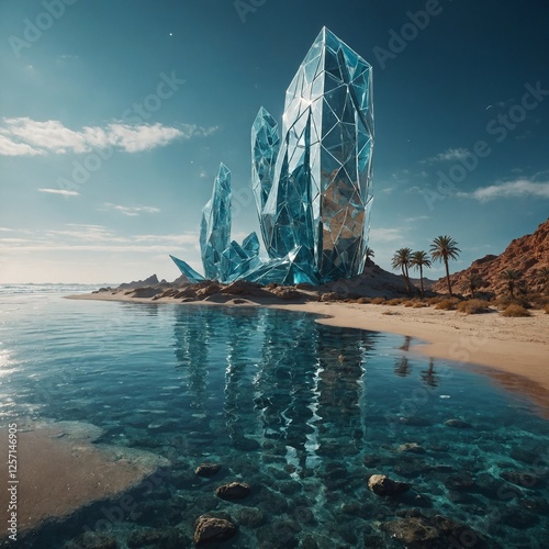 A futuristic utopia where diamonds grow like trees, lining the shores of a luminous ocean and stretching into the desert beyond.