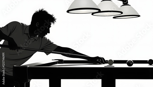 Silhouette of a man playing billiards with concentration under soft lighting