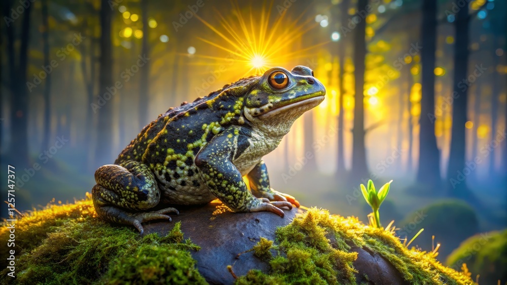 Fototapeta premium Majestic Frog Sitting on Rock Surrounded by Forest Light