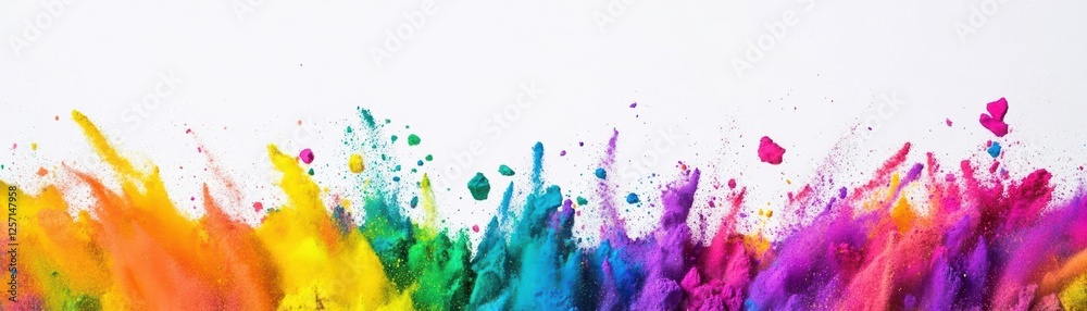 Colorful paint splashes creating an abstract design on a white background for creative projects