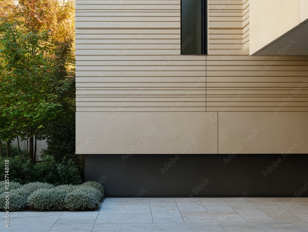 Fototapeta premium Modern architectural design featuring textured walls and landscaping in bright daylight