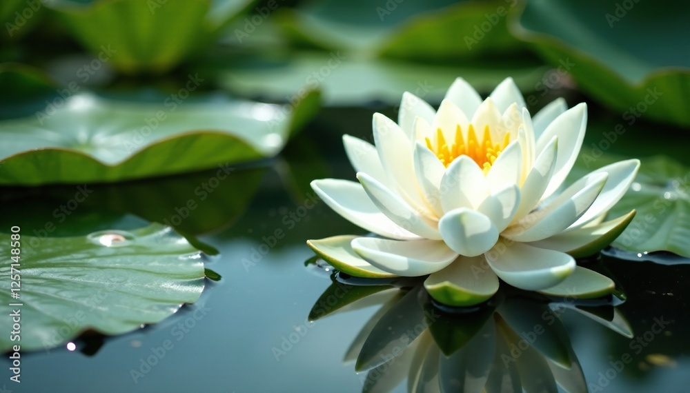 Large white water lily with enormous leaves floats on clear pond surface, garden, water, ornamental plant Large white water lily with enormous leaves floats on clear pond surface, garden, water, ornamental plant