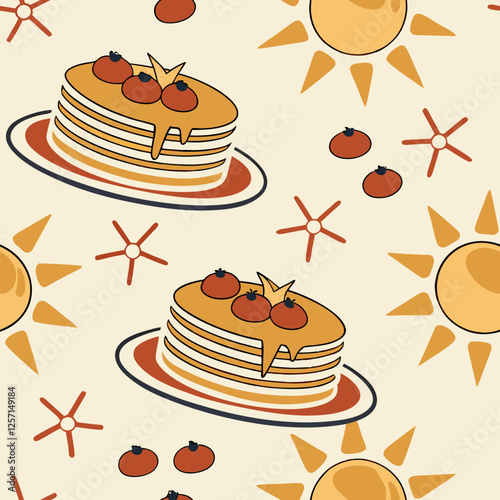 Seamless Maslenitsa pattern with sunflowers and pancakes