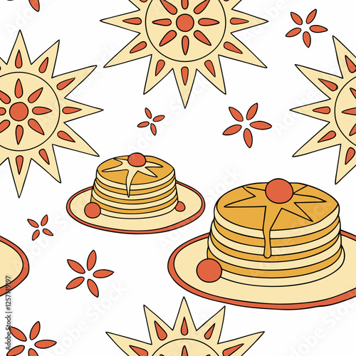 Seamless Maslenitsa pattern with sunflowers and pancakes