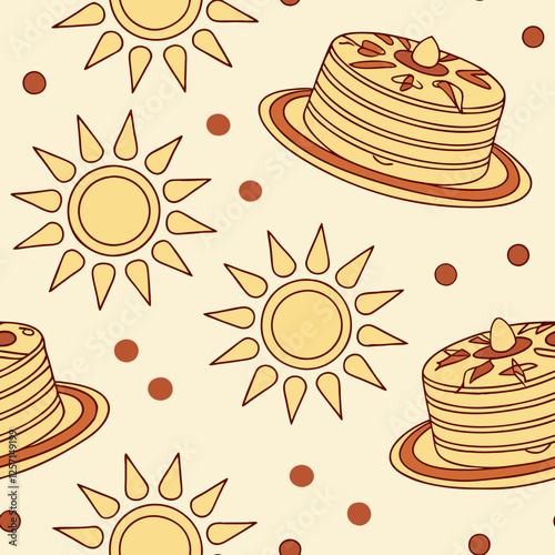 Seamless Maslenitsa pattern with sunflowers and pancakes