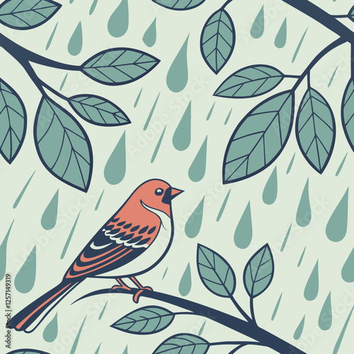 Seamless rainy spring texture with bird and raindrops