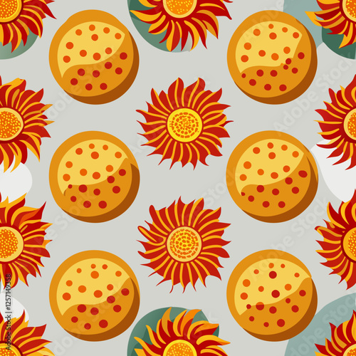 Seamless Maslenitsa pattern with sunflowers and pancakes