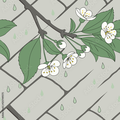 Seamless rainy spring texture with cherry blossoms and cobblestone path