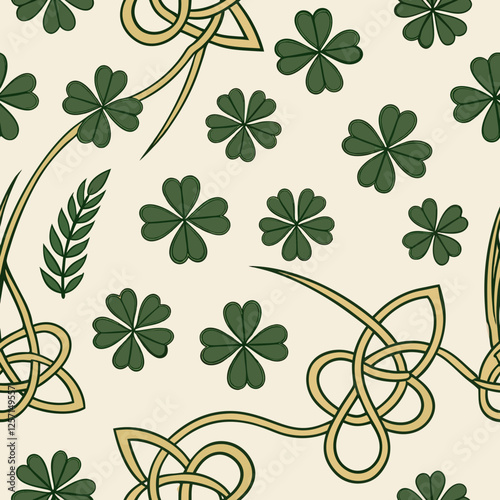 Seamless St. Patrick's Day pattern with green and golden clovers