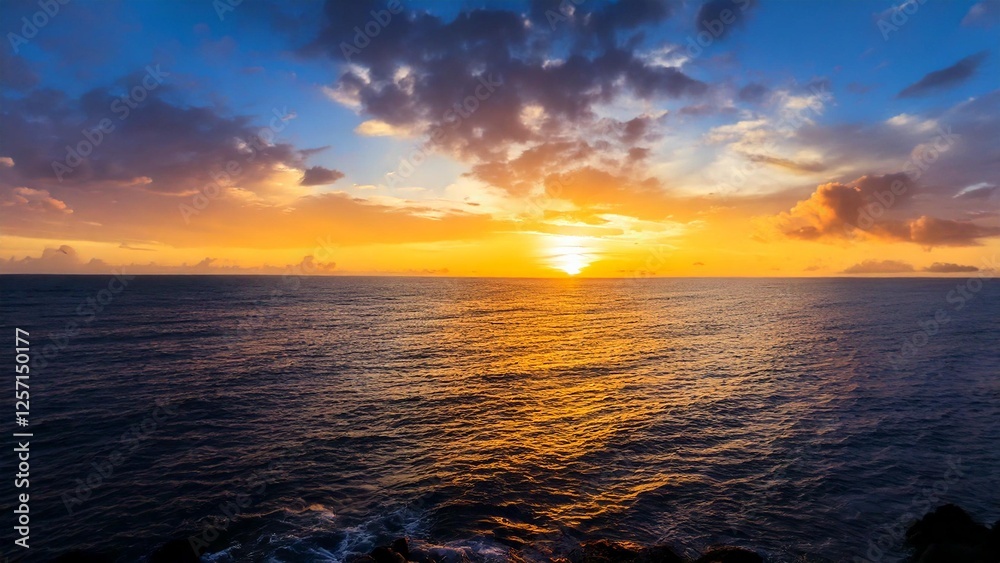 Obraz premium 広々とした真夏の夕焼け 空と海 背景素材 チラシ・バナー・動画素材 AI生成素材