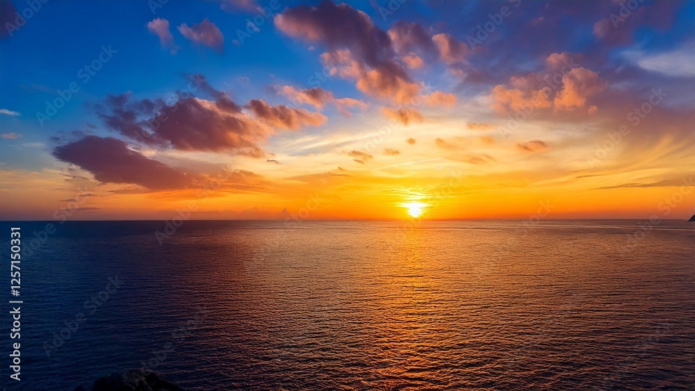 Fototapeta premium 広々とした真夏の夕焼け 空と海 背景素材 チラシ・バナー・動画素材 AI生成素材