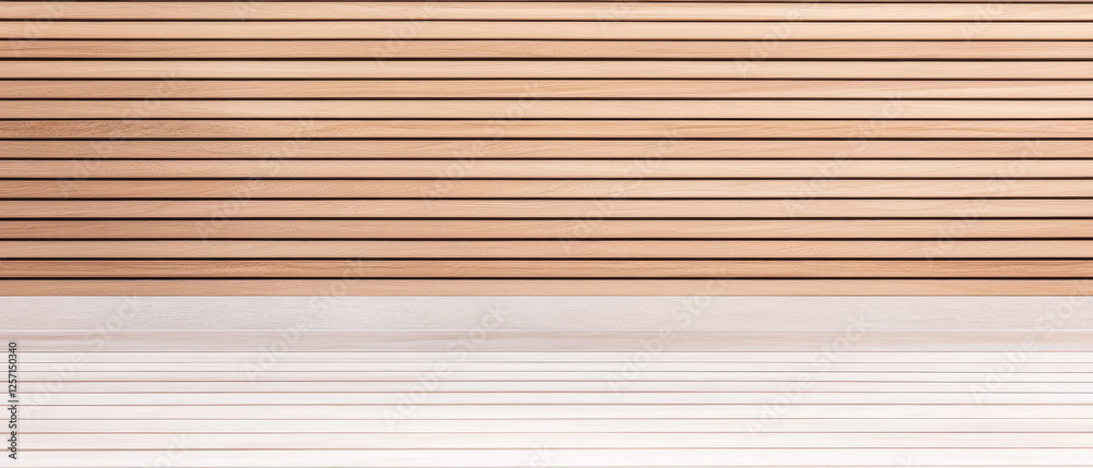 Obraz premium Simple wooden wall with horizontal slats and a contrasting white base