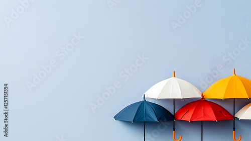 Colorful umbrellas arranged on blue background, copy space