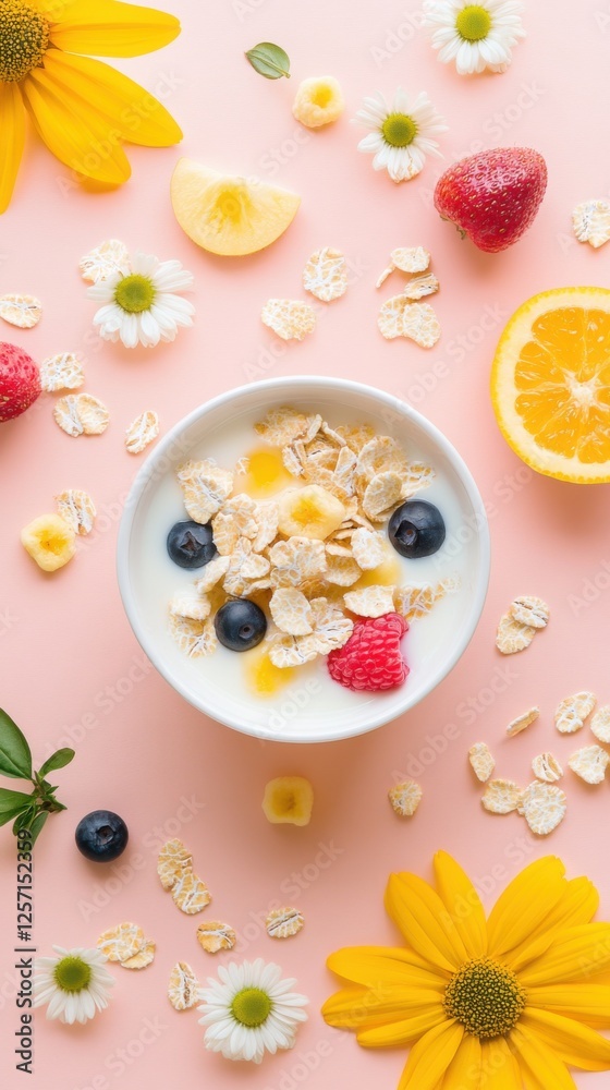Breakfast Bowl with Fruits and Cereal on Pink Background Breakfast Bowl with Fruits and Cereal on Pink Background