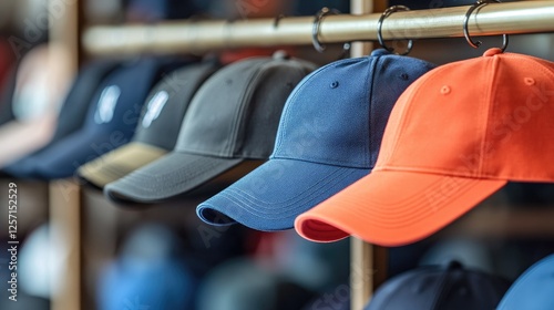 A row of baseball caps hanging on hooks in a stylish interior.