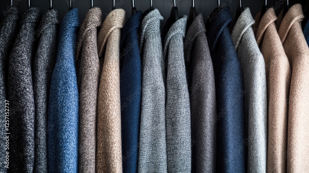 A row of long wool coats neatly arranged in a wardrobe. A row of long wool coats neatly arranged in a wardrobe.