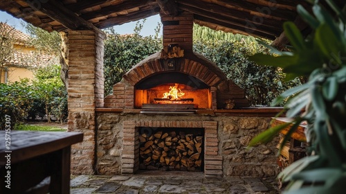 A rustic brick oven with a firewood compartment, radiating warmth and authenticity.