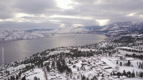 Arriving West Kelowna, Pan to Peachland, BC, a charming town in the Okanagan Valley, overlooking snowy Okanagan Lake. Panorama of Highway 97C and Forest Reveal Beautiful Lake. Canadian Rocky Mountains photo