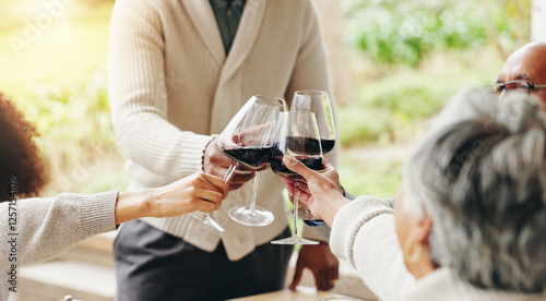 Photography Family, toast and outdoor hands for celebration on vacation, easter lunch and proud to connect