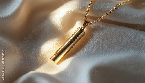 Gold-plated pendant necklace resting on a soft white fabric with ambient light emphasizing its shine photo