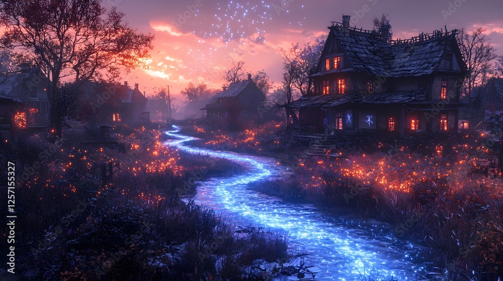 Obraz premium Enchanting Fantasy Village at Sunset Glowing River Illuminated Houses Magical Atmosphere