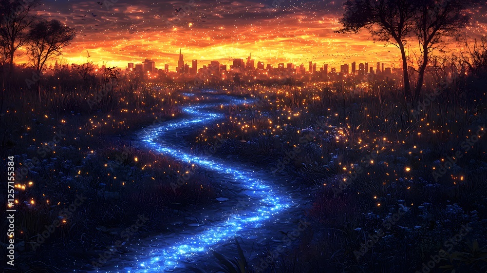Magical Firefly Path Leading to Glowing Cityscape at Sunset Magical Firefly Path Leading to Glowing Cityscape at Sunset