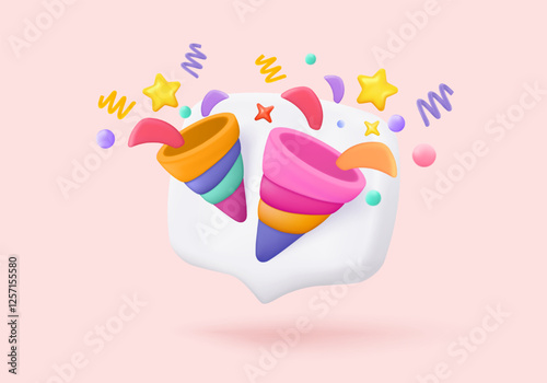 3d icon sign party poppers with flying. Birthday party and anniversary with cone popper. Firecracker explodes with ribbon explode for surprise. 3d confetti bang winner icon vector render illustration