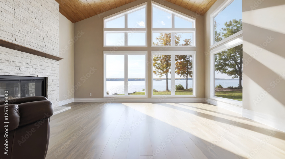 Fototapeta premium Modern living room with large windows overlooking serene lake landscape in daylight