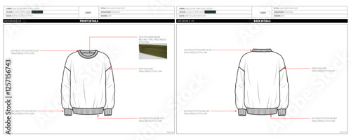 Men's Terry Fleece round neck sweatshirt Fashion Design Technical Tech Pack. 
