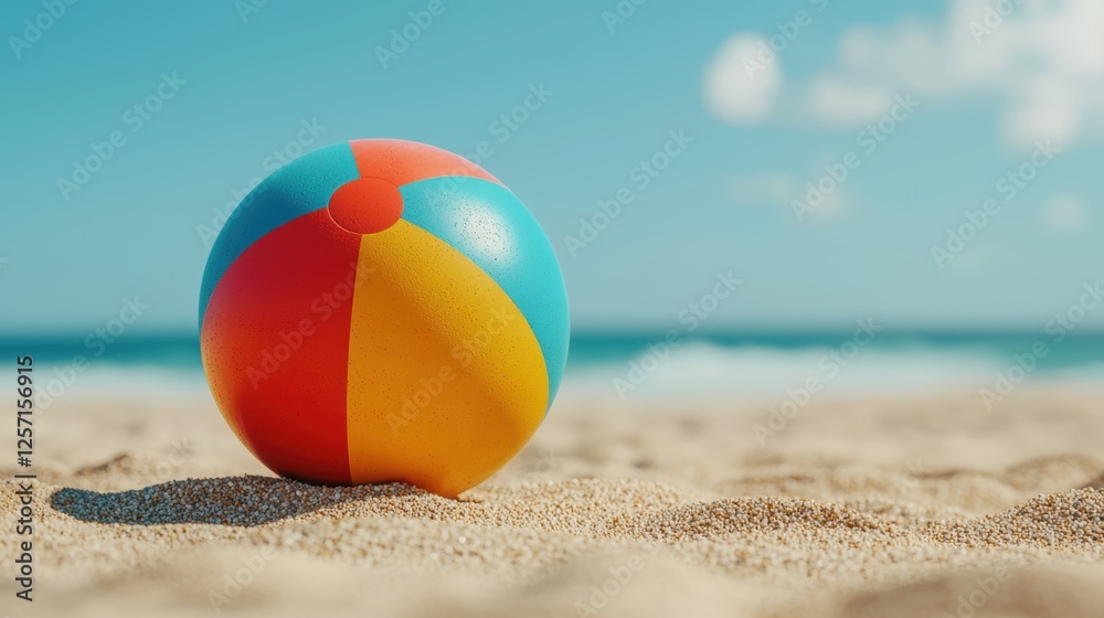 A colorful beach ball sits on golden sand with the ocean and blue sky in the background, evoking a fun, sunny day at the beach. A colorful beach ball sits on golden sand with the ocean and blue sky in the background, evoking a fun, sunny day at the beach.