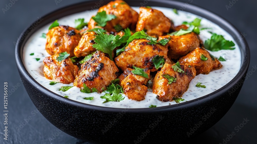 Grilled chicken in yogurt sauce, close-up, served in a bowl. Possible use Stock photo for food, cooking, recipes, restaurant menu Grilled chicken in yogurt sauce, close-up, served in a bowl. Possible use Stock photo for food, cooking, recipes, restaurant menu