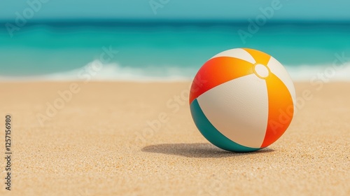 A colorful beach ball rests on golden sand with a serene blue ocean in the background, embodying summer fun and relaxation.